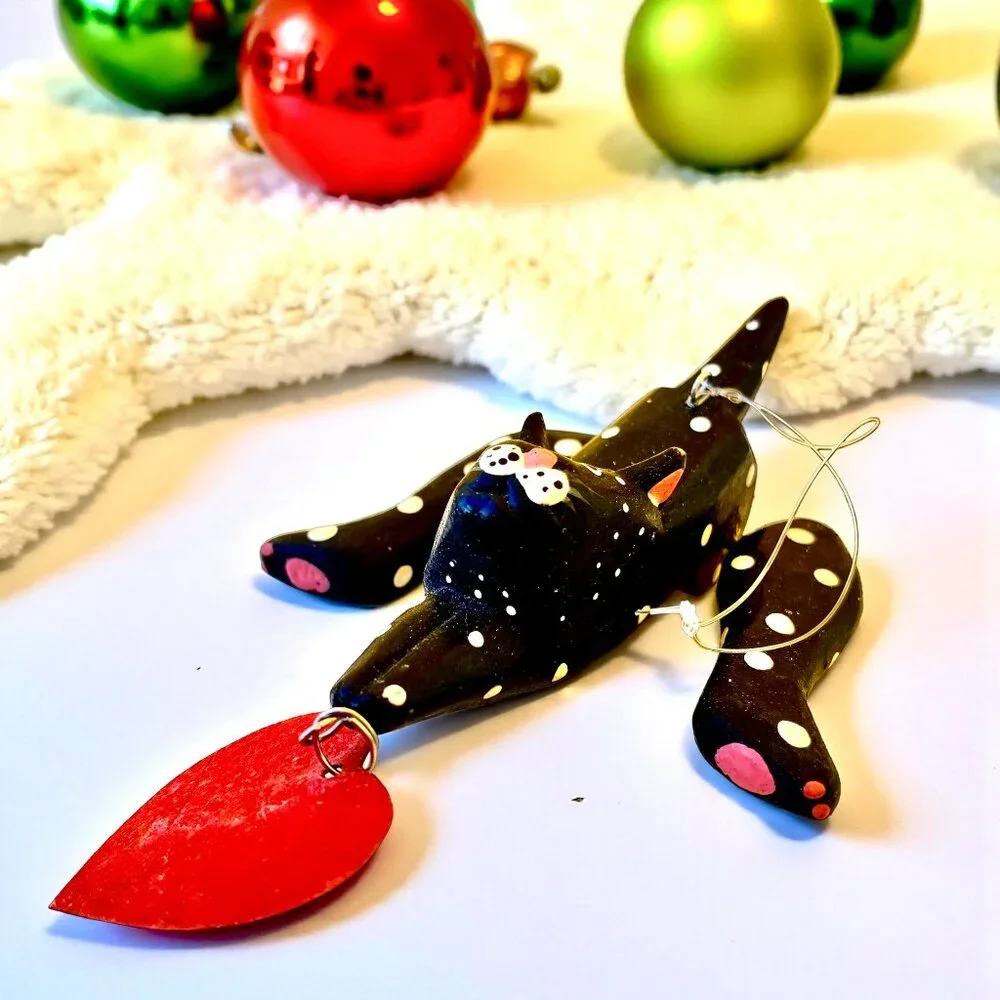 Vintage Wood Black Cat Christmas Hanging Ornament Hand Painted RED HEART Moves